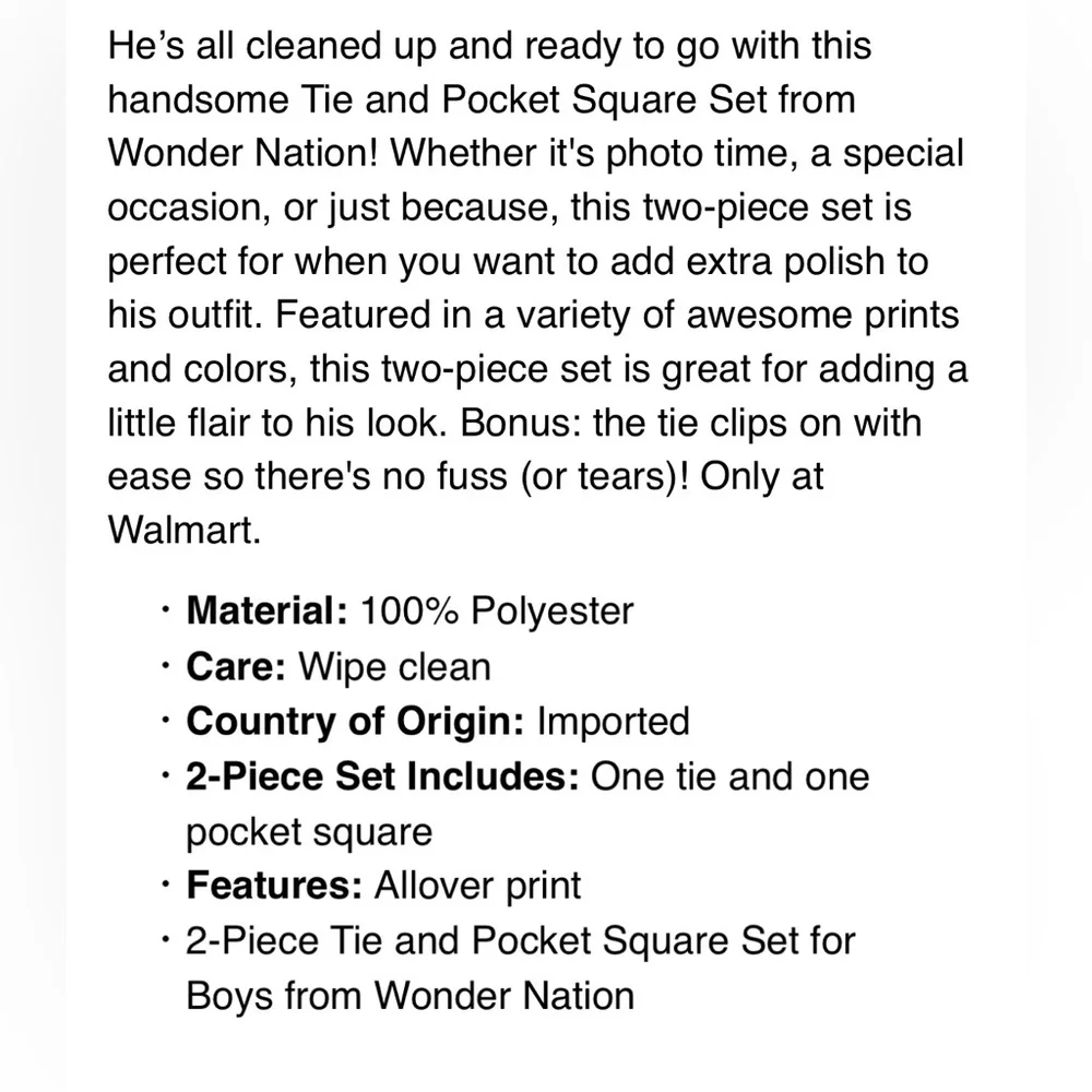 🔴 3/$12 Wonder Nation Boys’‎ Classic Black Tie and Pocket Square Set! NEW!
